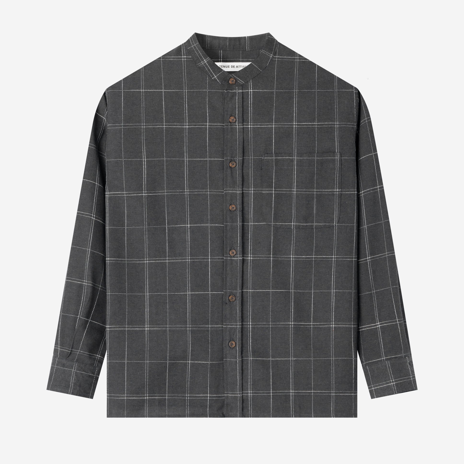 FACTORY SALE - Le Ramdane Band Collar Plaid Long Sleeve Shirt - Grey White