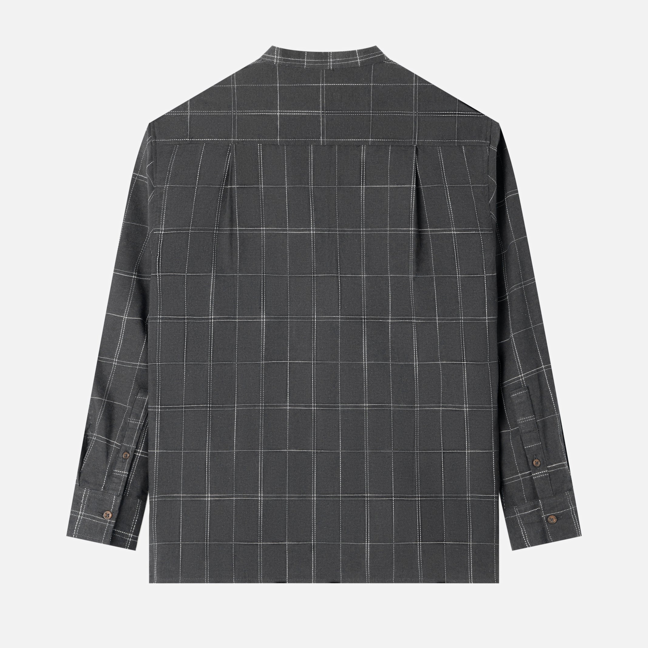 FACTORY SALE - Le Ramdane Band Collar Plaid Long Sleeve Shirt - Grey White