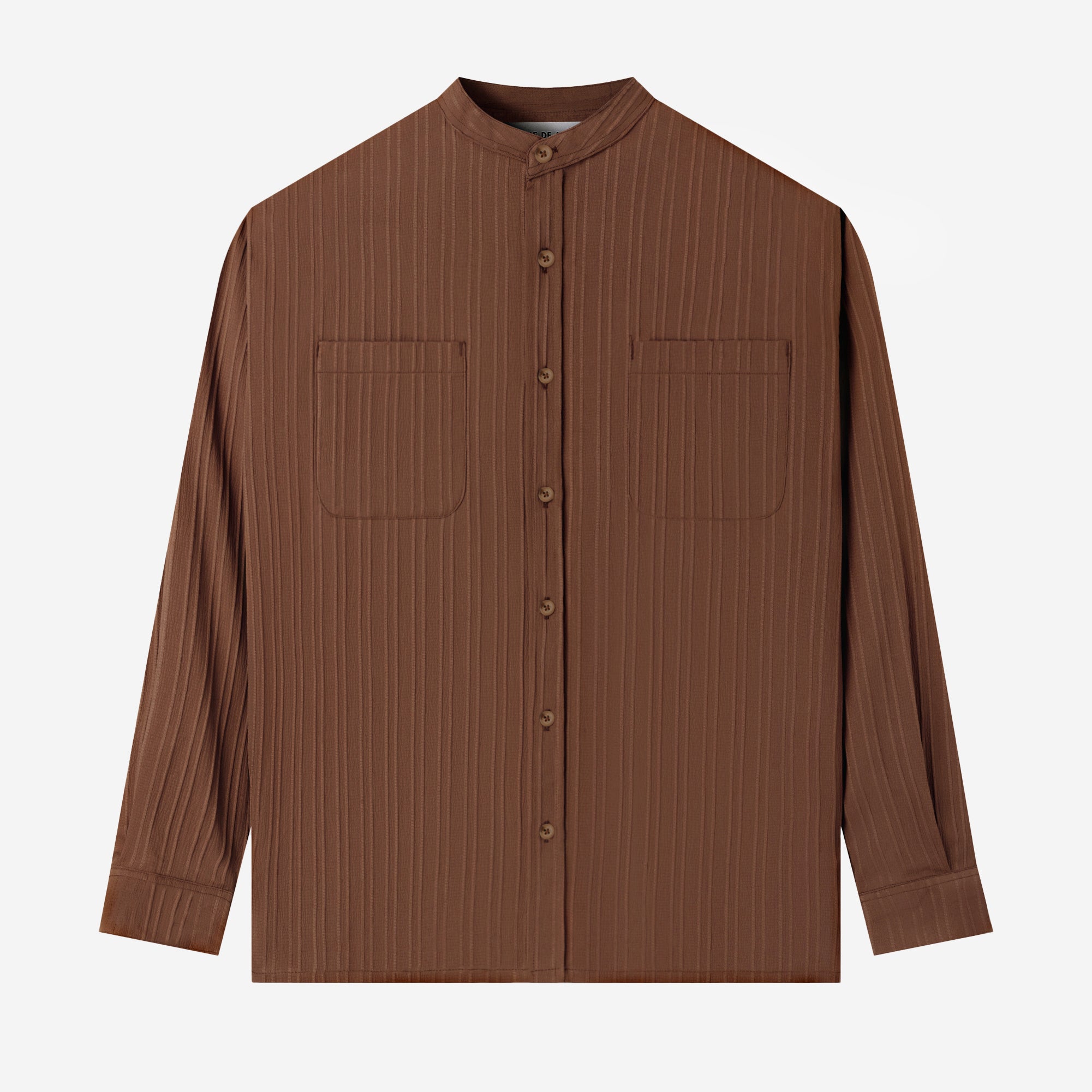 FACTORY SALE - Le Ramdane Band Collar Two Pockets Striped Long Sleeve Shirt - Dark Brown