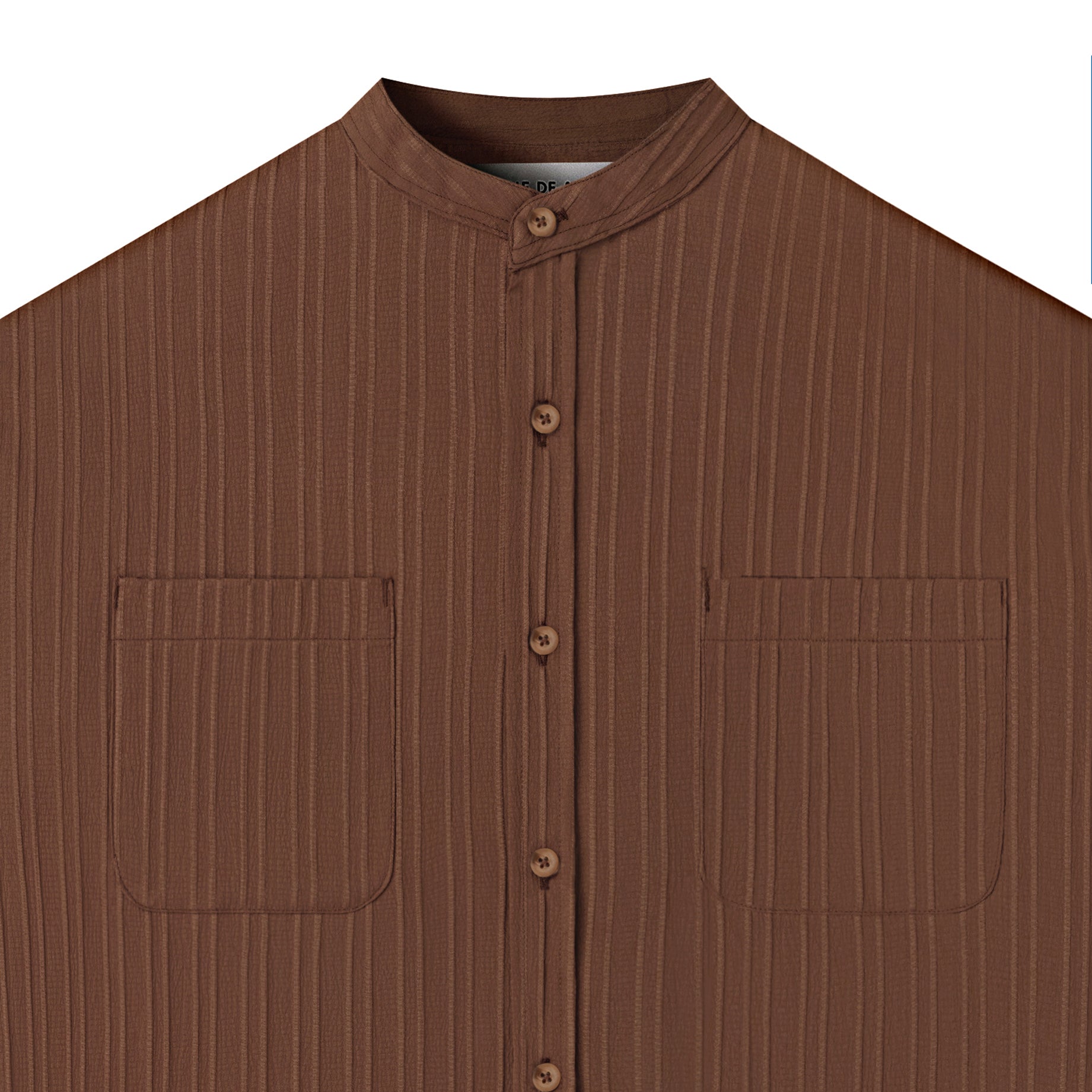 FACTORY SALE - Le Ramdane Band Collar Two Pockets Striped Long Sleeve Shirt - Dark Brown