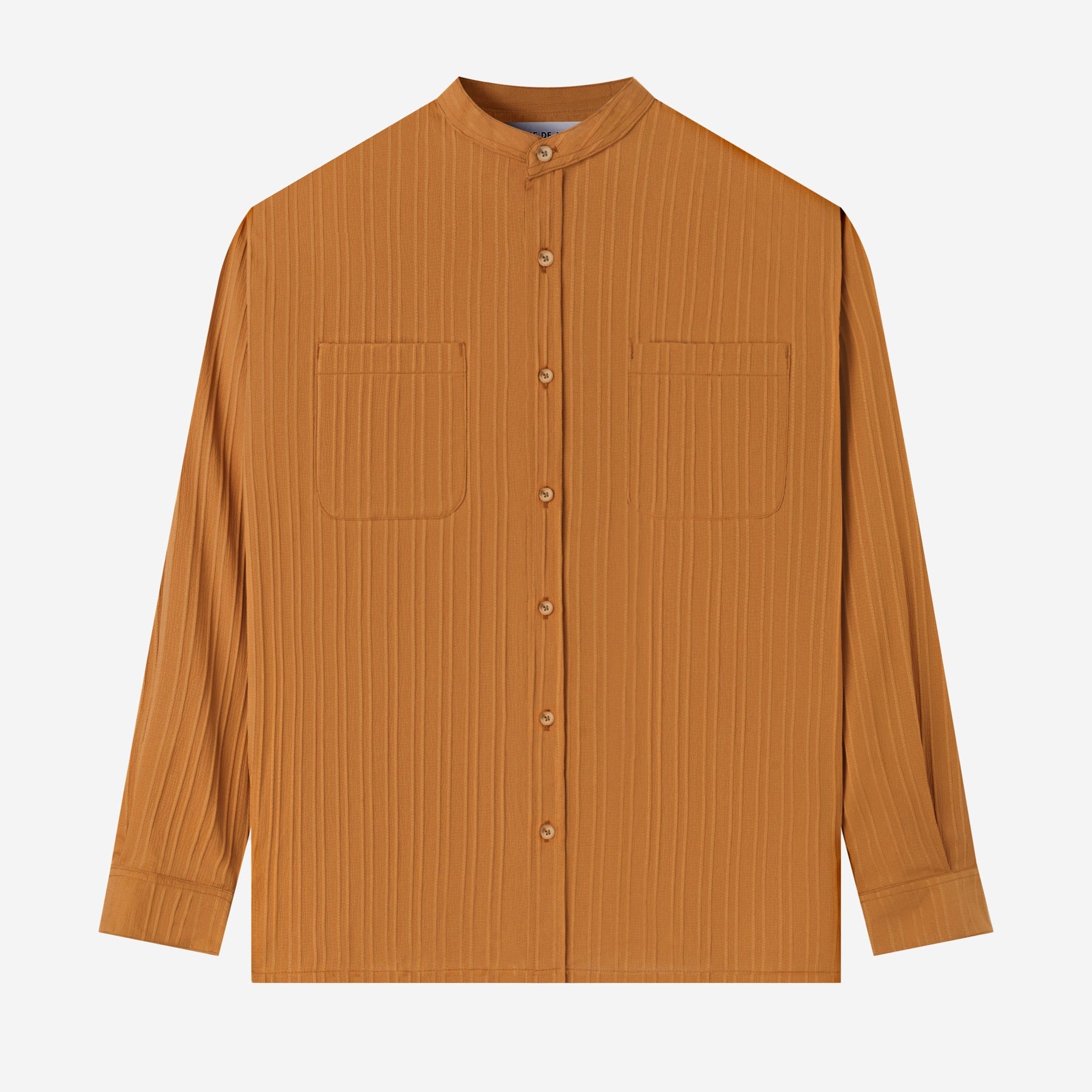 FACTORY SALE - Le Ramdane Band Collar Two Pockets Striped Long Sleeve Shirt - Mustard