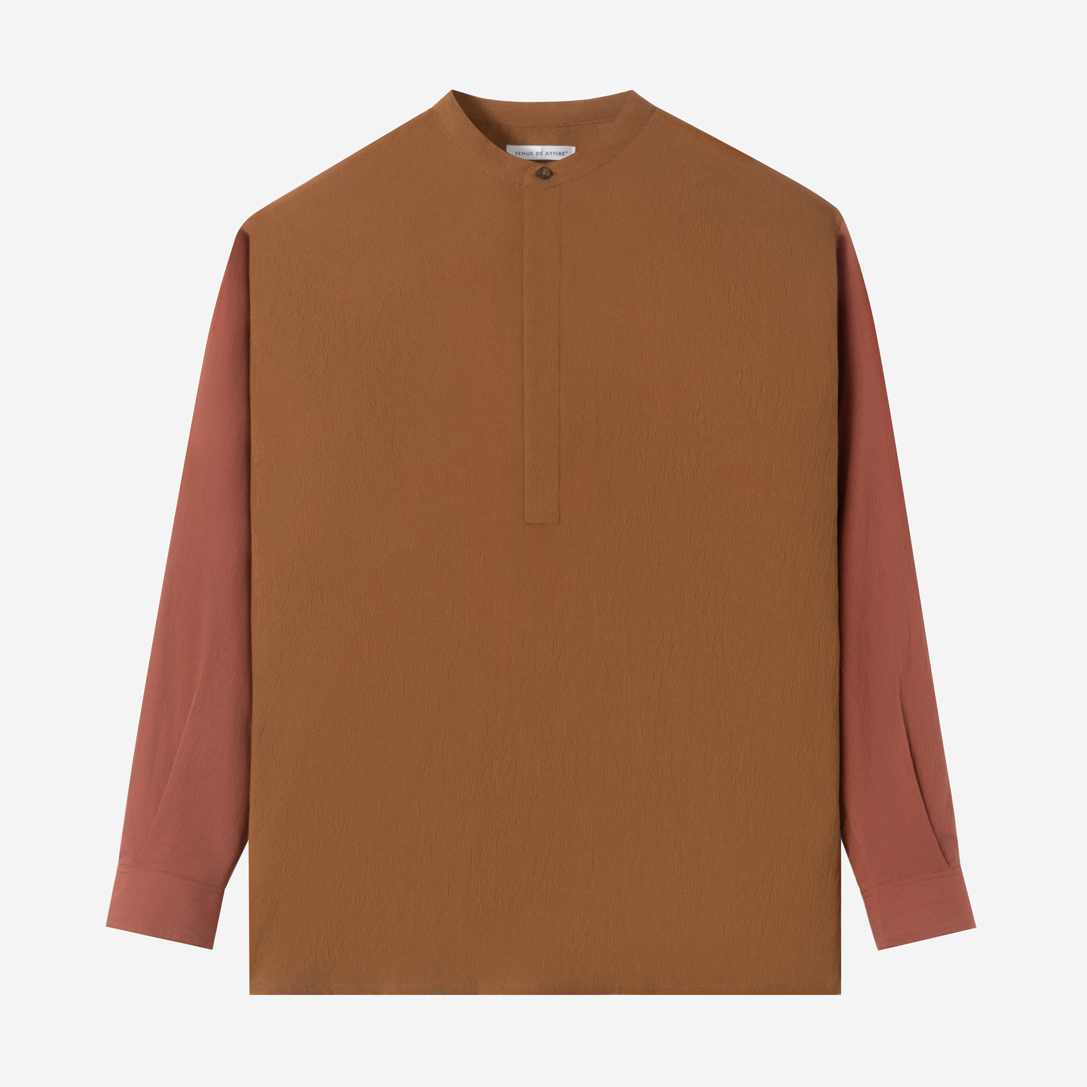 FACTORY SALE - Le Ramdane Band Collar Hidden Button Two Tone Long Sleeve Shirt - Brown