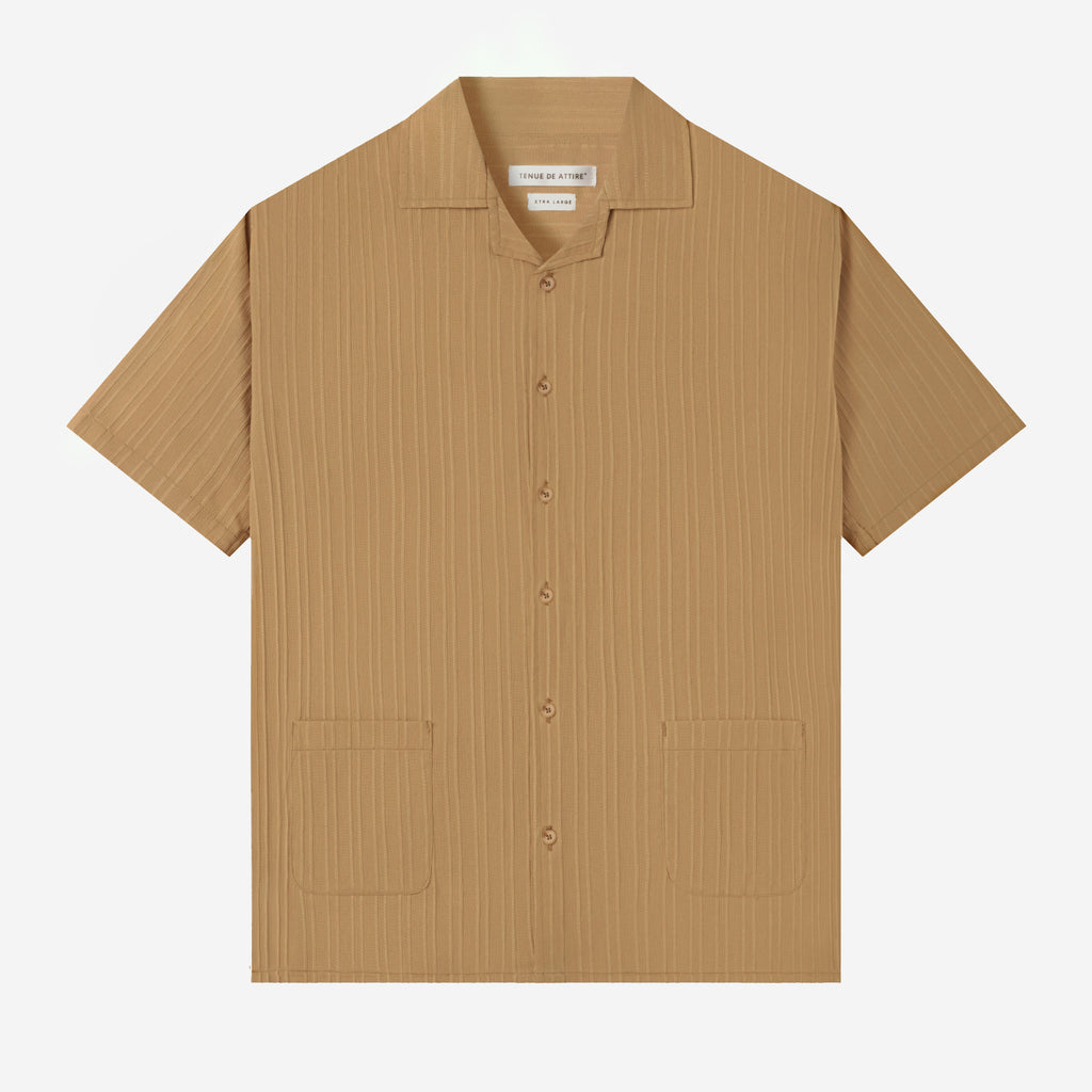Day to Day Camp Collar Two Pockets Striped Short Sleeve Shirt - Brown