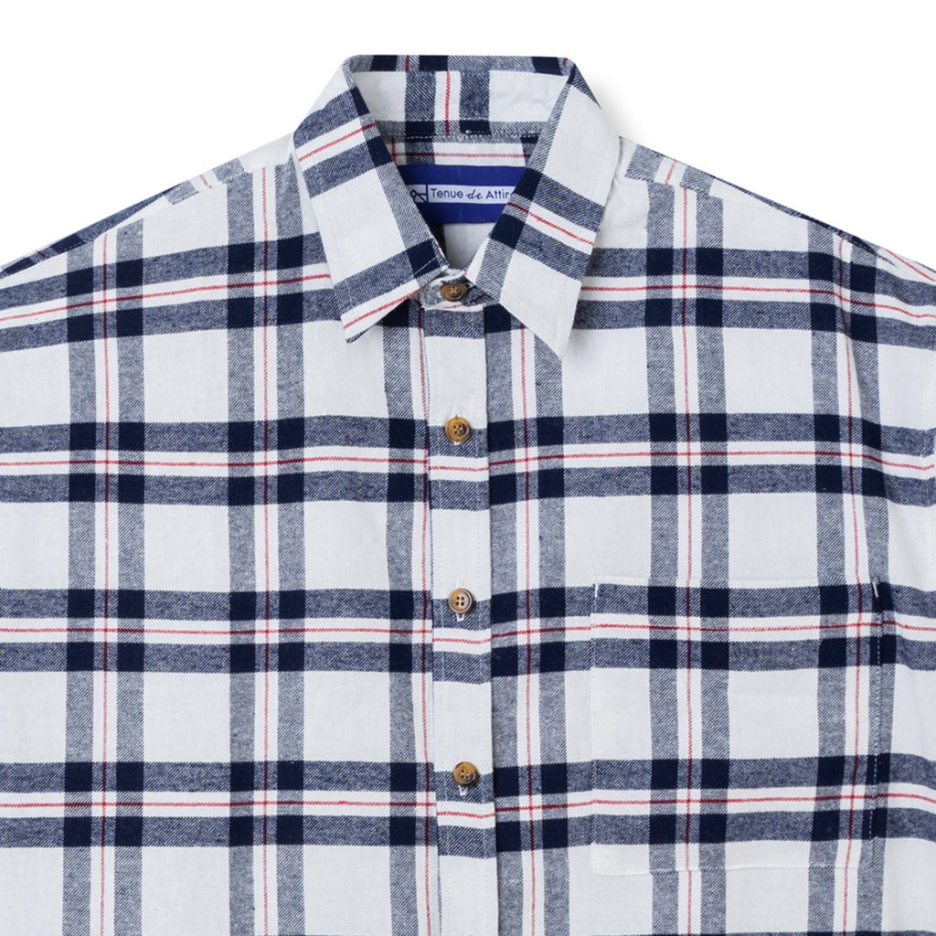 Kemeja Flannel Tenue de Attire - Flannel Short Sleeve Shirt - White Navy