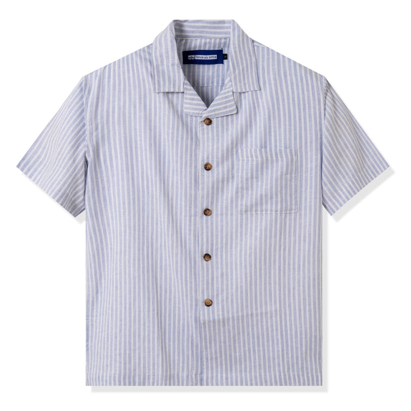 FACTORY SALE - Joie Linen Camp Collar Stripes Shirt Light Blue White Short Sleeve
